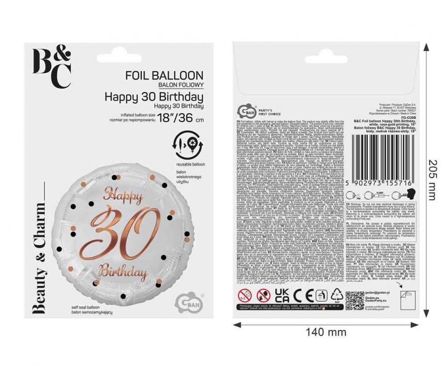 Folieballon Happy 30 Birthday Wit Roségoud 46 cm