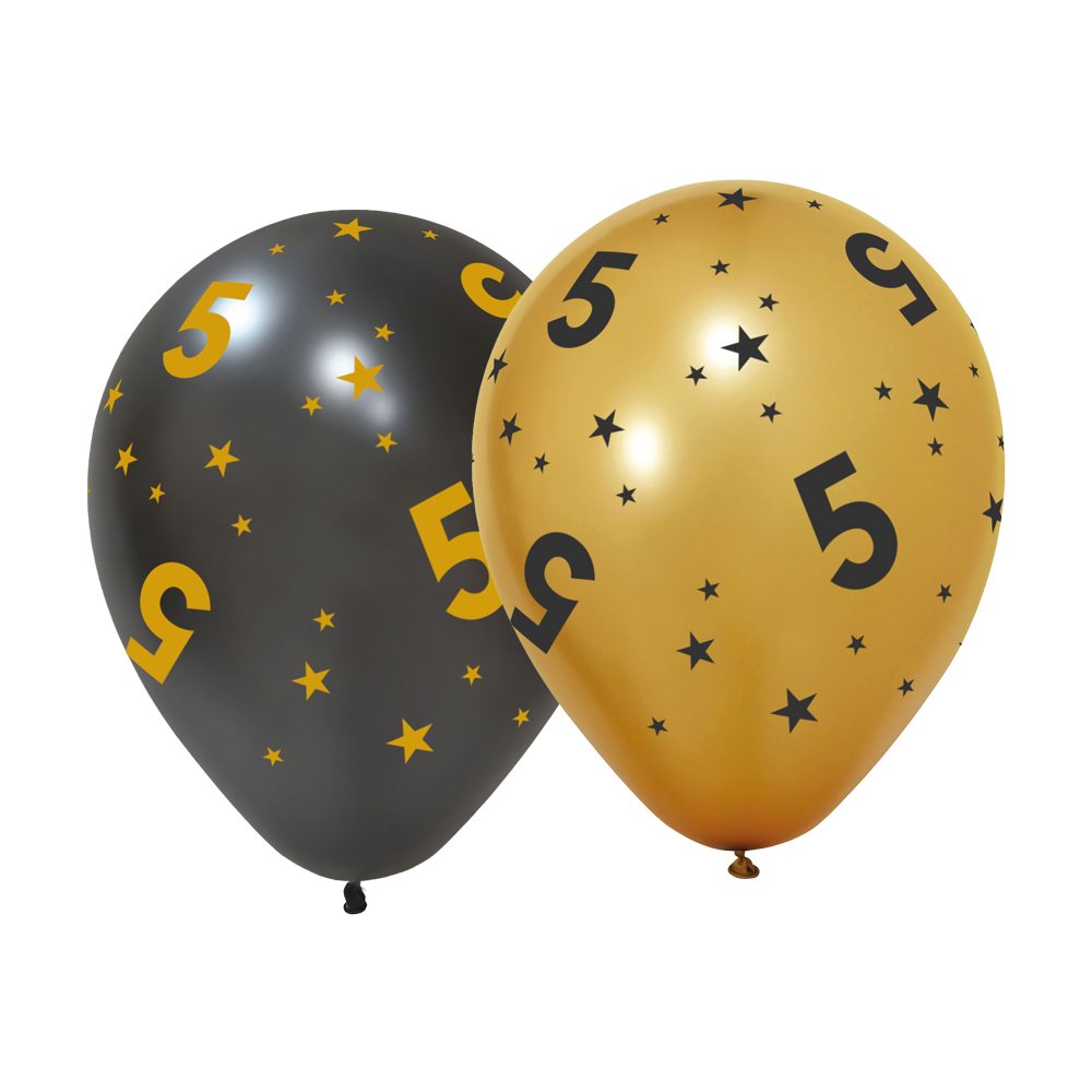 Goud en zwarte ballonnen 5 jaar met sterren, 6 stuks van 31 cm