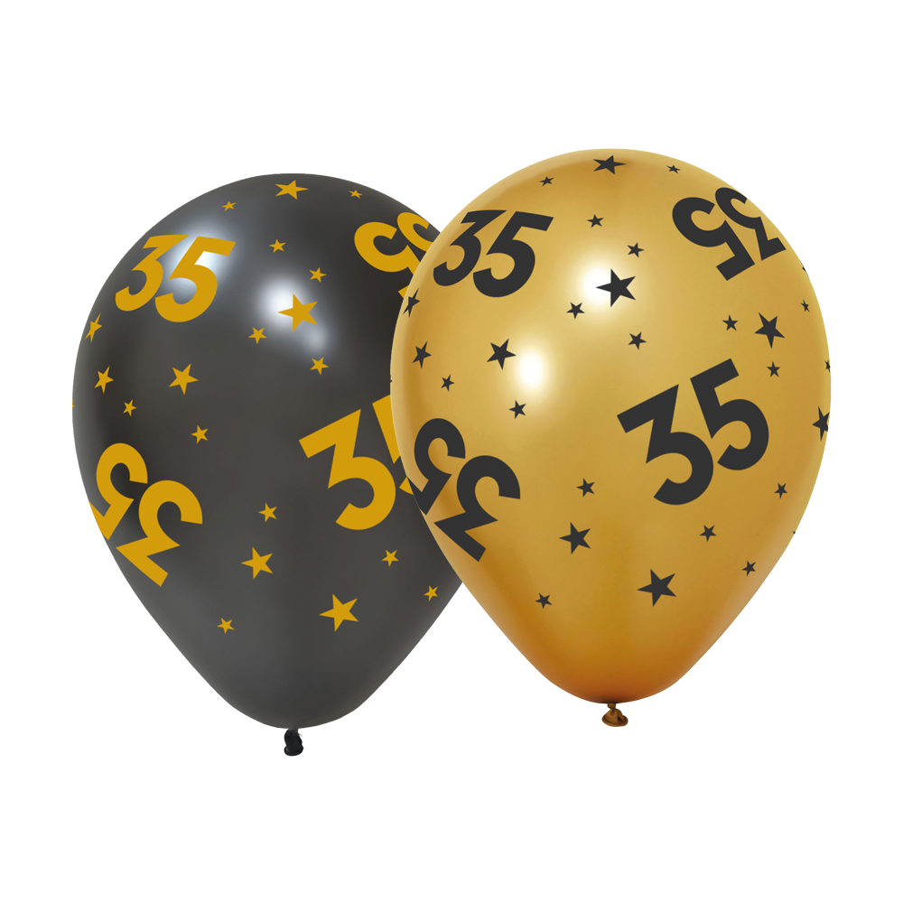 Goud en zwarte ballonnen 35 jaar met sterren, 6 stuks van 31 cm