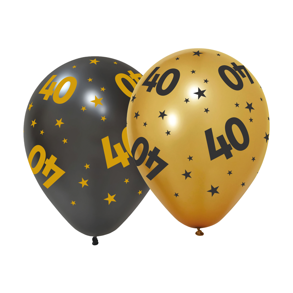 Goud en zwarte ballonnen 40 jaar met sterren, 6 stuks van 31 cm