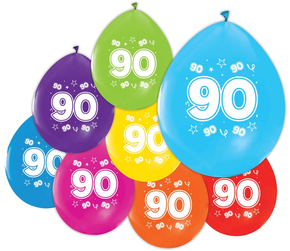 Gekleurde verjaardagsballonnen 90 jaar, 8 stuks van 30 cm — tweede productfoto