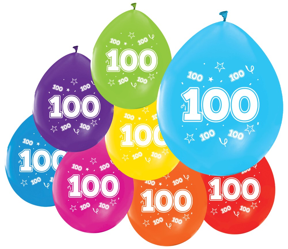 Gekleurde verjaardagsballonnen 100 jaar, 8 stuks van 30 cm — tweede productfoto