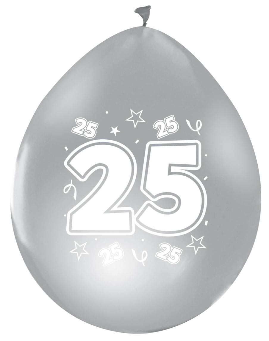 Metallic zilveren ballonnen 25 jaar, 8 stuks van 30 cm