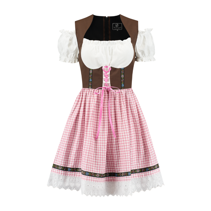 Korte dirndl Rosi in bruin met roze geruite rok