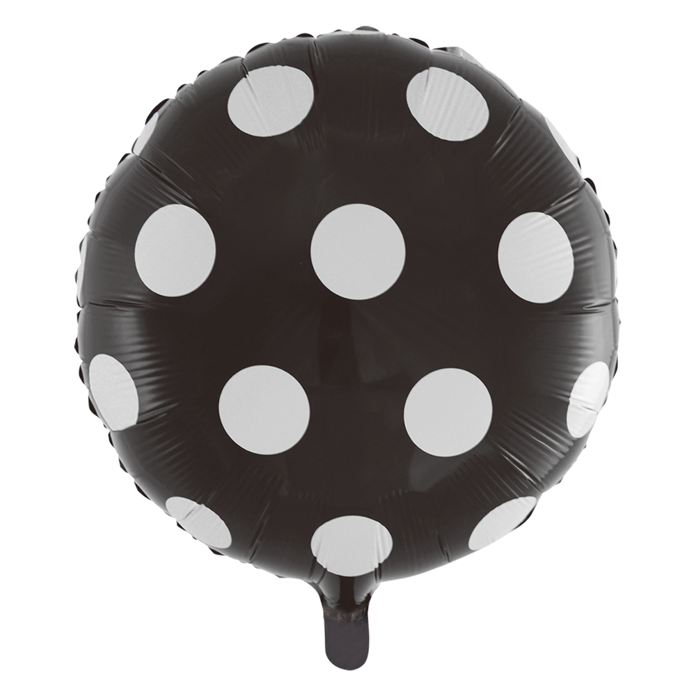 Zwarte ronde folieballon met witte stippen, 46 cm
