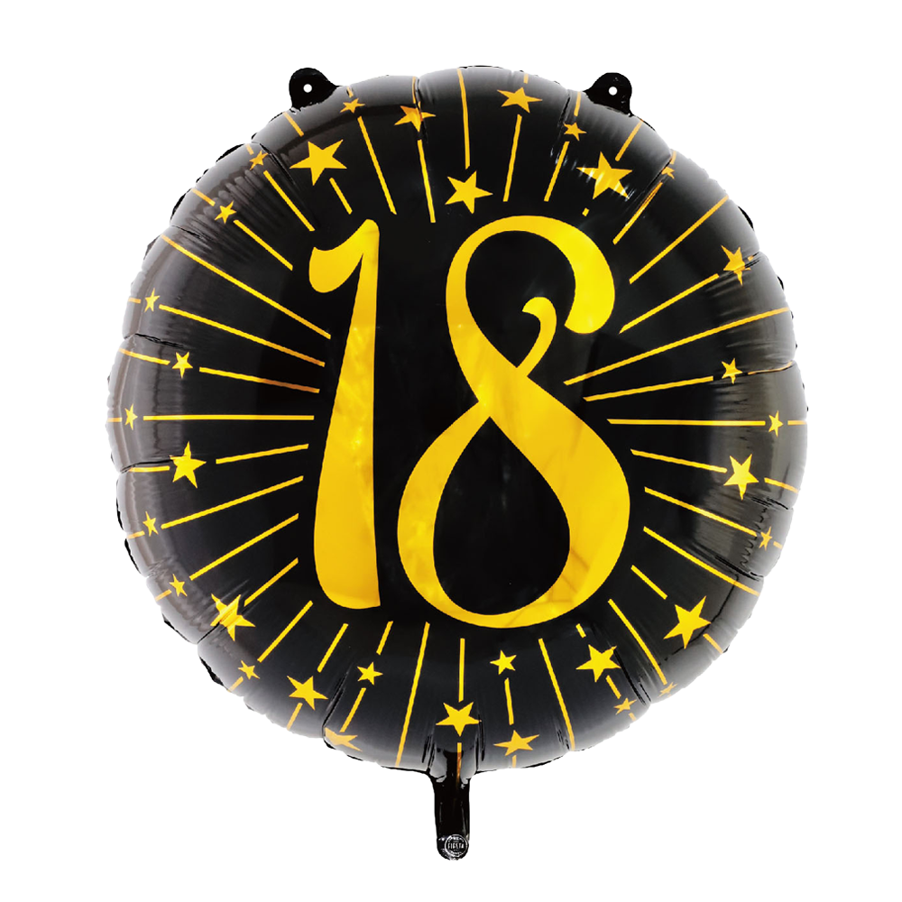 Extra grote ronde folieballon van 71 cm in zwart met een gouden 18 en sterren