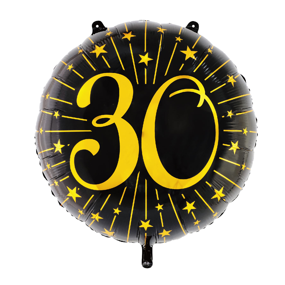 Extra grote ronde folieballon van 71 cm in zwart met een gouden 30 en sterren