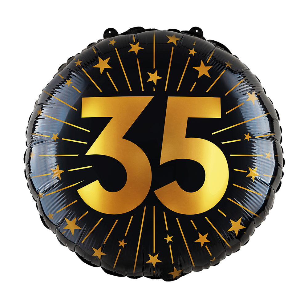 Ronde folieballon van 45 cm in zwart met een gouden 35 en sterren