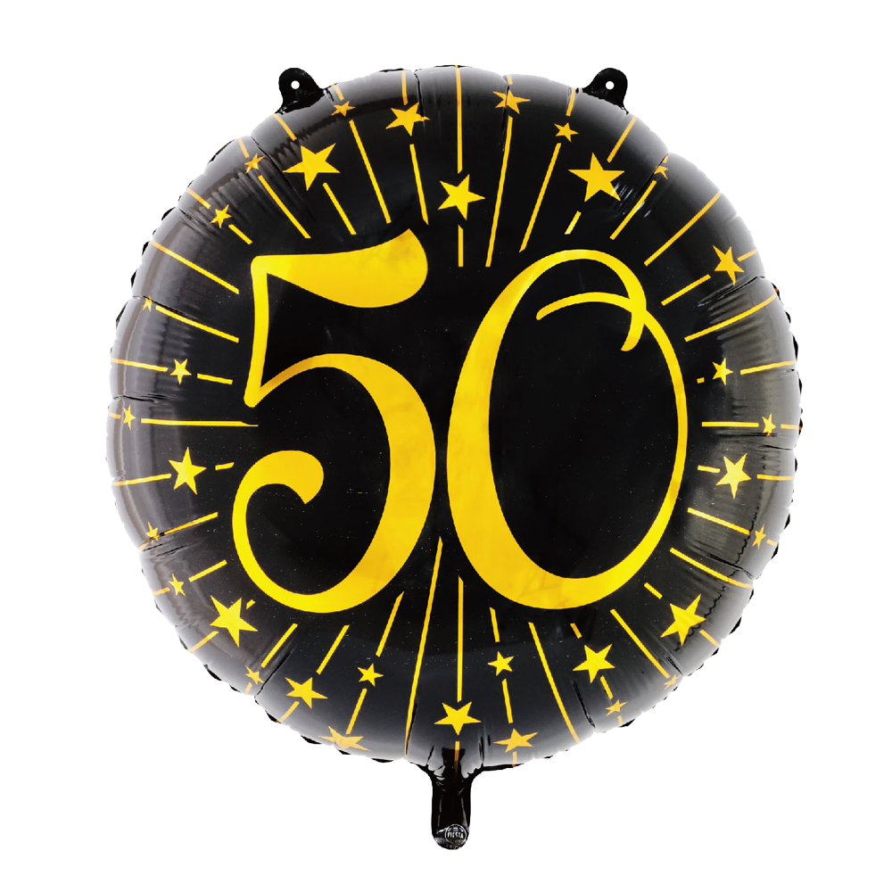 Extra grote ronde folieballon van 71 cm in zwart met een gouden 50 en sterren