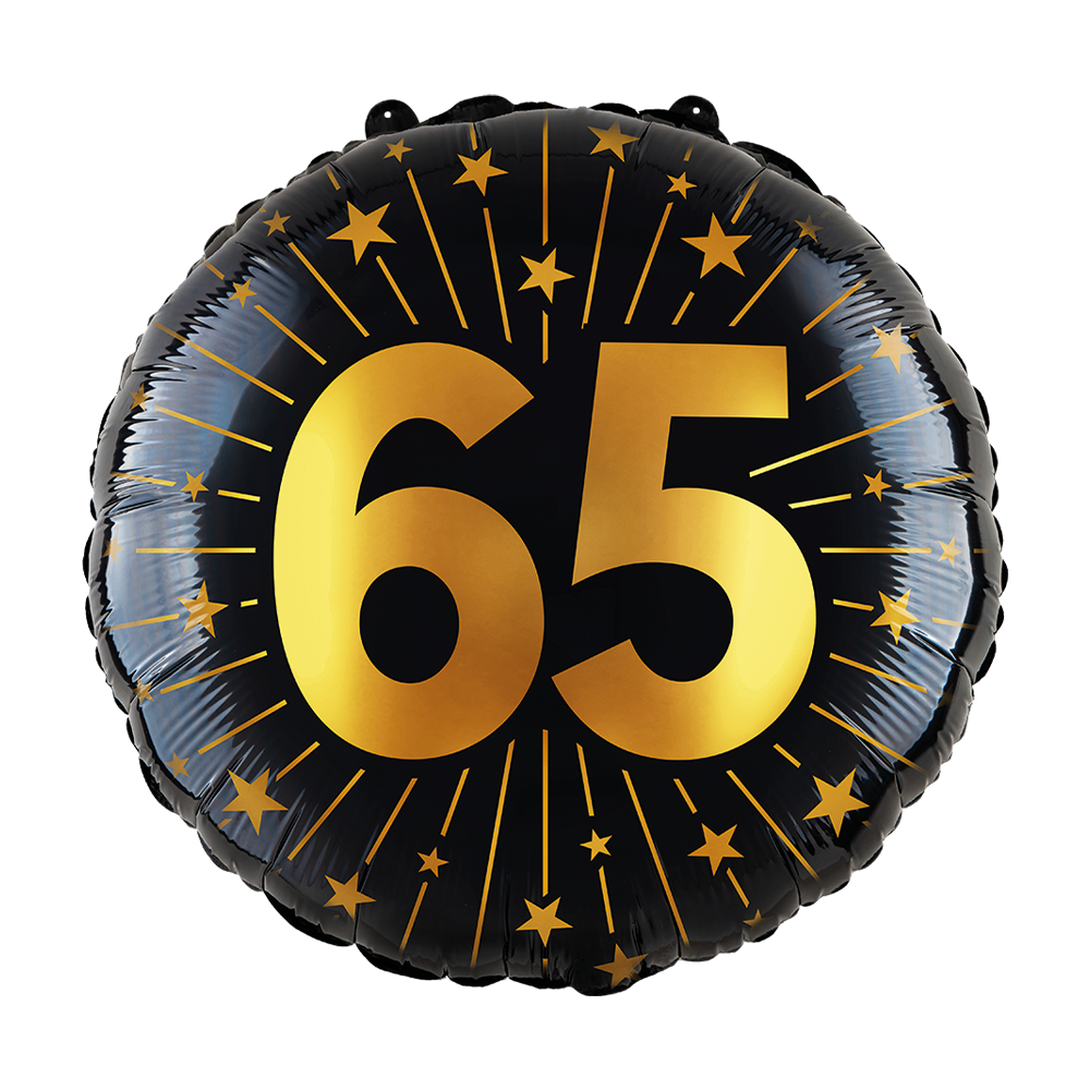 Ronde folieballon van 45 cm in zwart met een gouden 65 en sterren