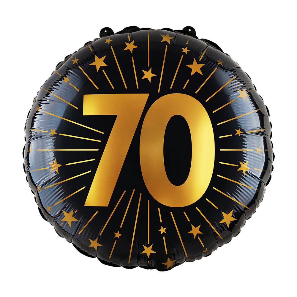 Ronde folieballon van 45 cm in zwart met een gouden 70 en sterren