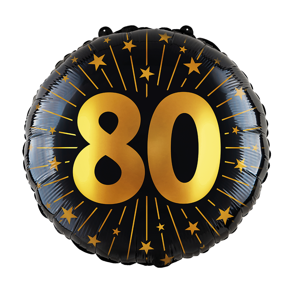 Ronde folieballon van 45 cm in zwart met een gouden 80 en sterren