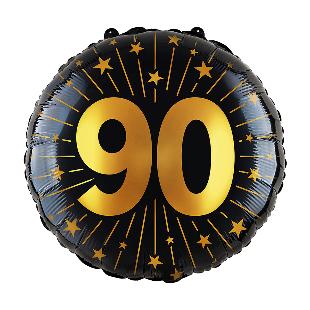 Ronde folieballon van 45 cm in zwart met een gouden 90 en sterren