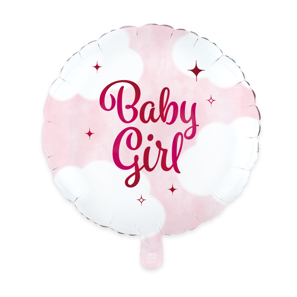 Ronde folieballon van 45 cm, wit met roze wolkjes en de tekst Baby Girl