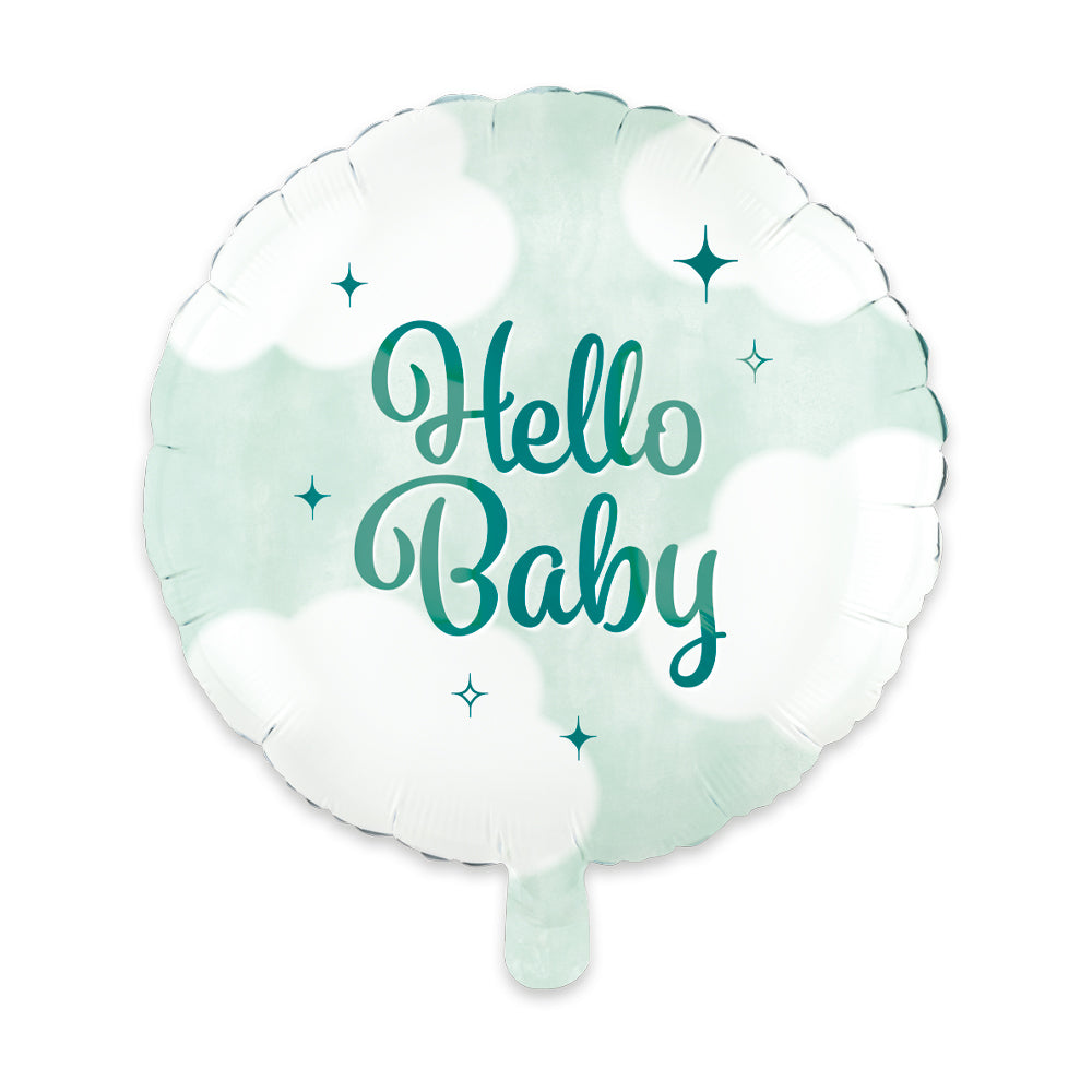 Ronde folieballon van 45 cm, wit met mintgroene wolkjes en de tekst Hello Baby