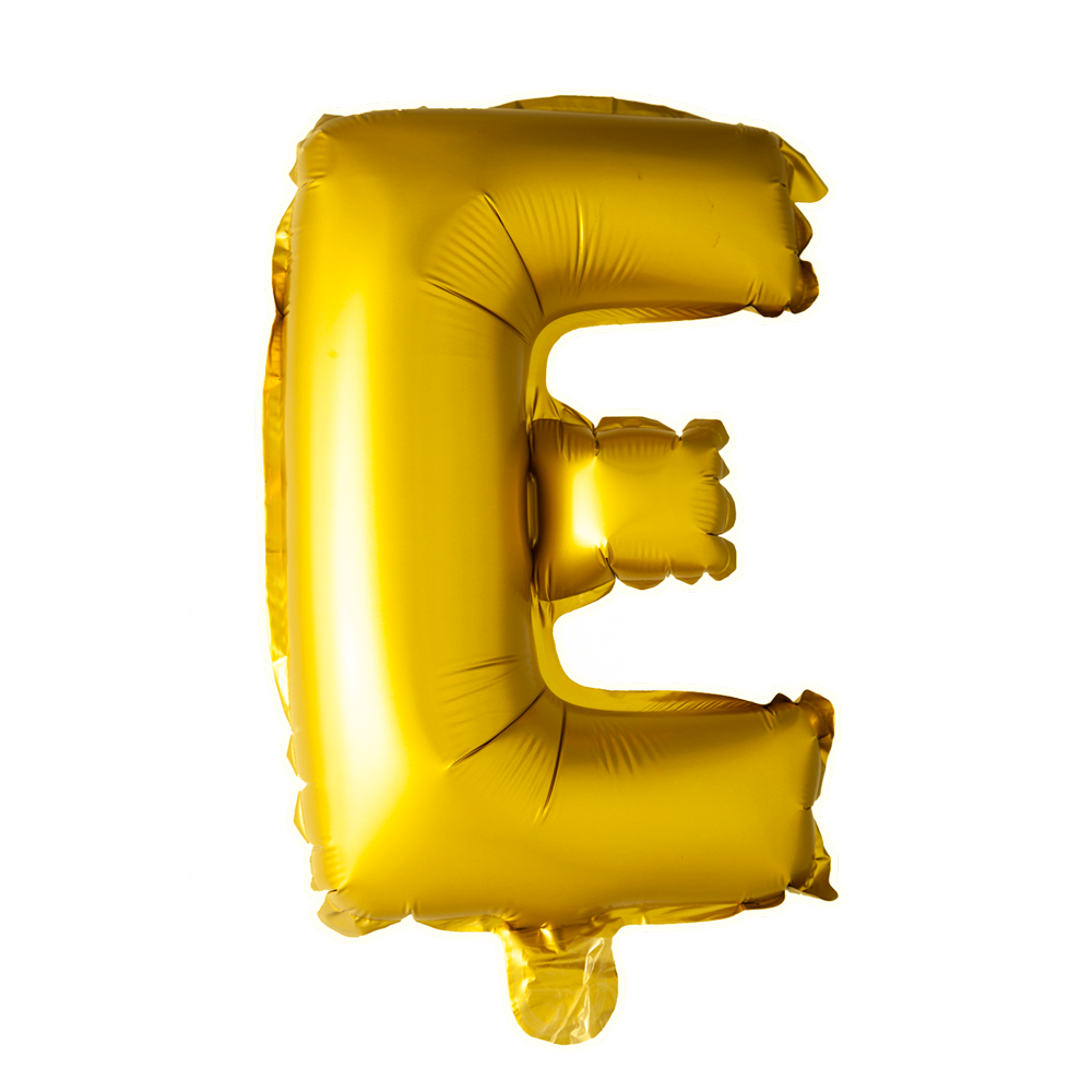 Goudkleurige XL folieballon in de vorm van de letter E, 101 cm hoog