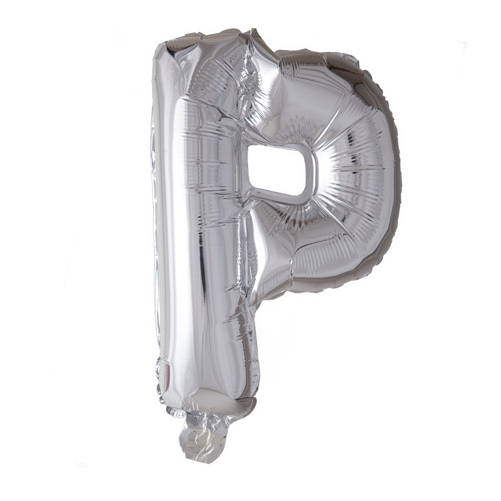 Zilverkleurige XL folieballon in de vorm van de letter P, 101 cm hoog