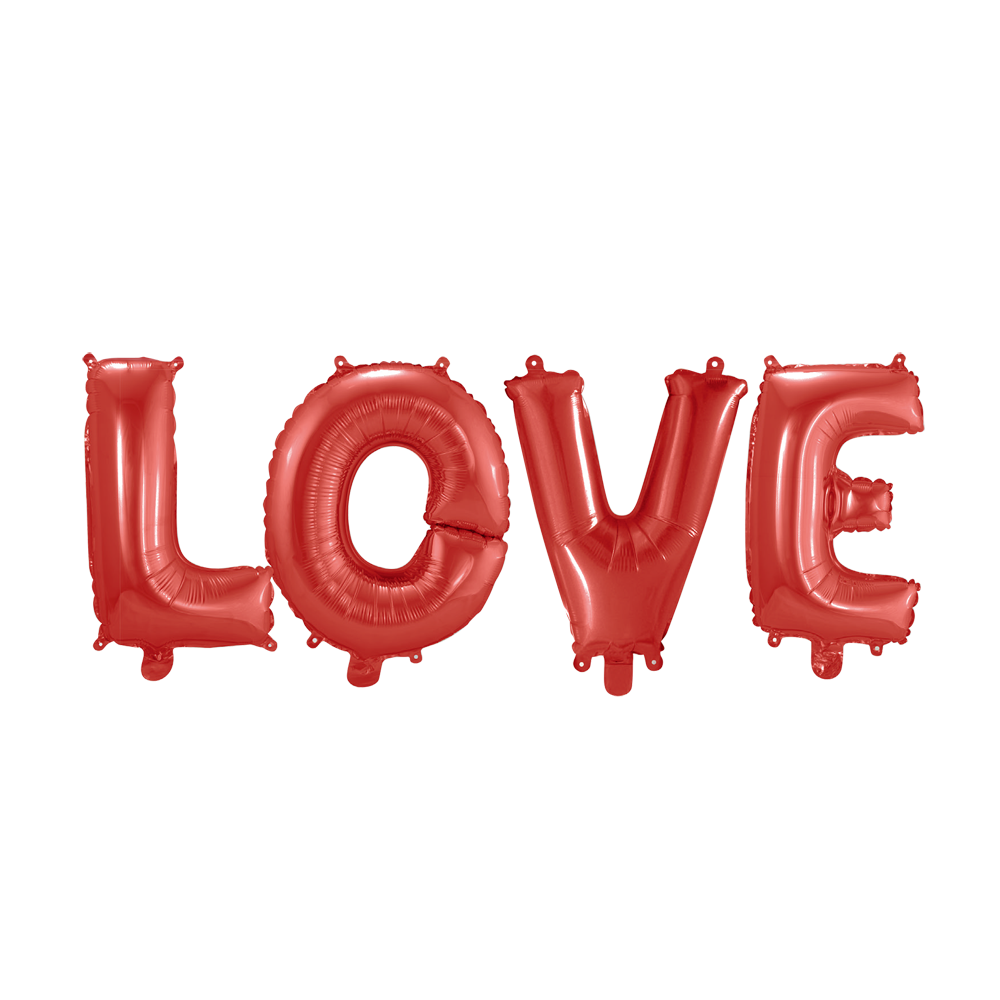Rode losse letterballonnen die het woord LOVE vormen, 16 inch per letter