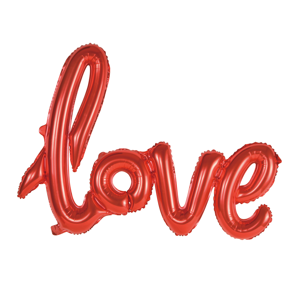 Rode folieballon met het woord love in schrijfletters