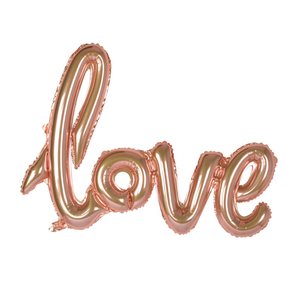 Roségouden folieballon met het woord love in schrijfletters