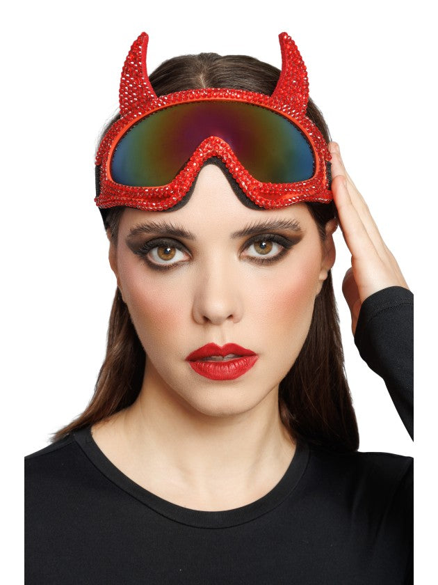 Skibril duivel met hoorns en strass rood - foto 4