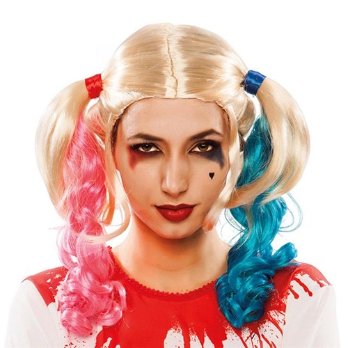 Pruik blond met staartjes roze en blauw