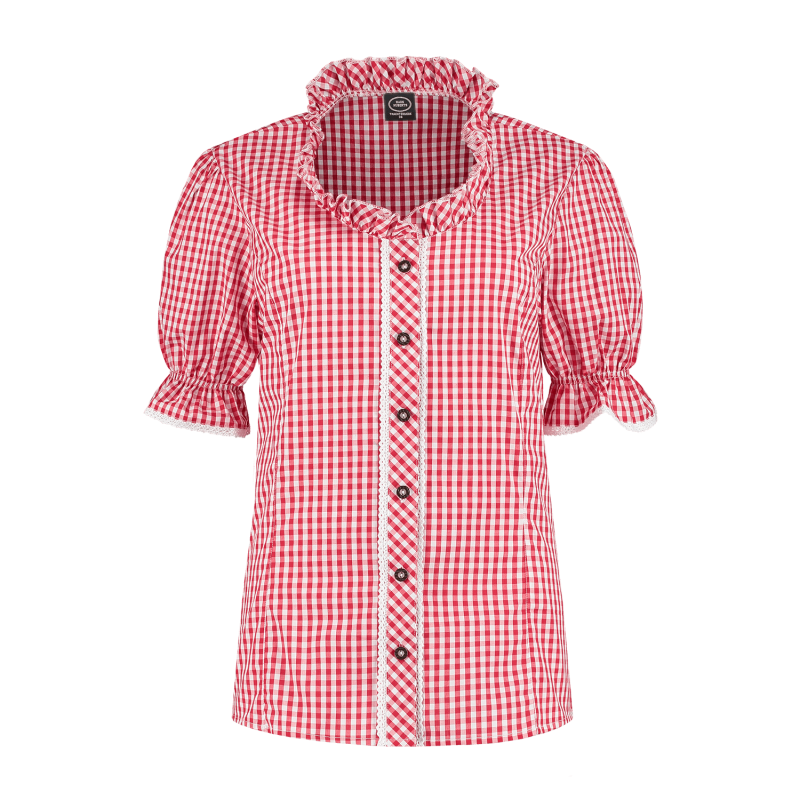 Rood-wit geruite trachtenblouse met ruchekraag, dames