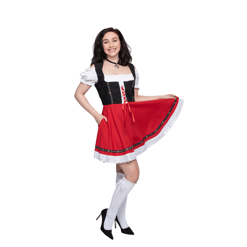 Korte dirndl Gabi met zwart lijfje en rode rok