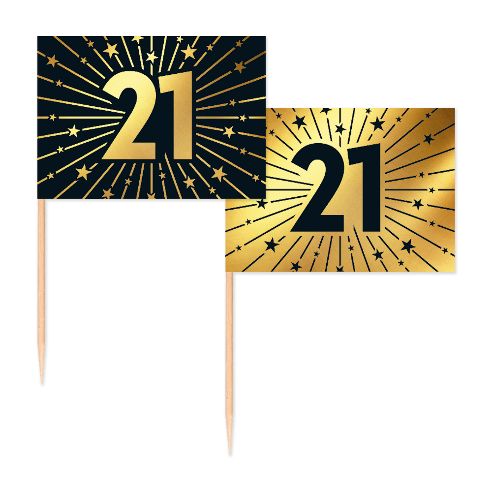 Vlagprikkers 21 jaar: zwart vlaggetje met goud cijfer en goud vlaggetje met zwart cijfer, 50 stuks