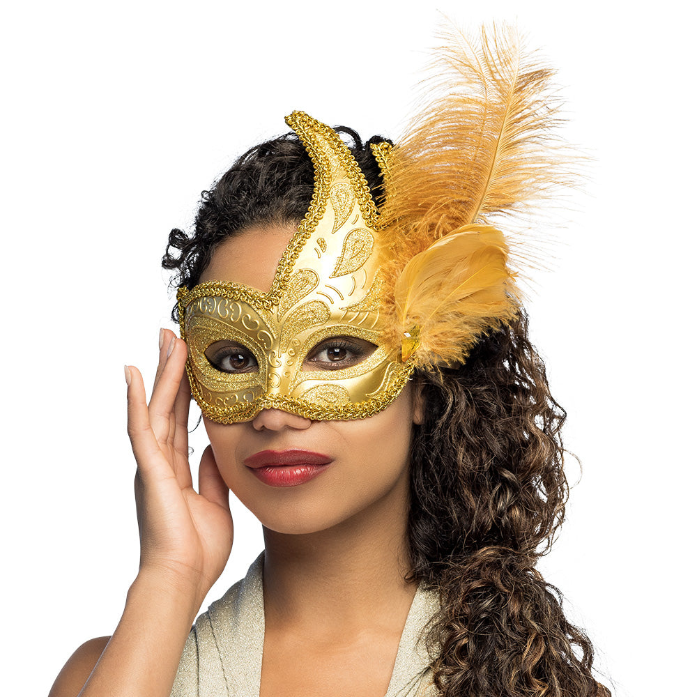Oogmasker Venetiaans goud met veren