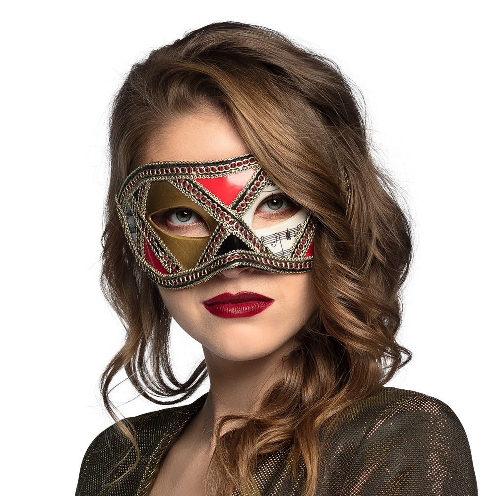 Oogmasker Venetiaans rood goud met muzieknoten