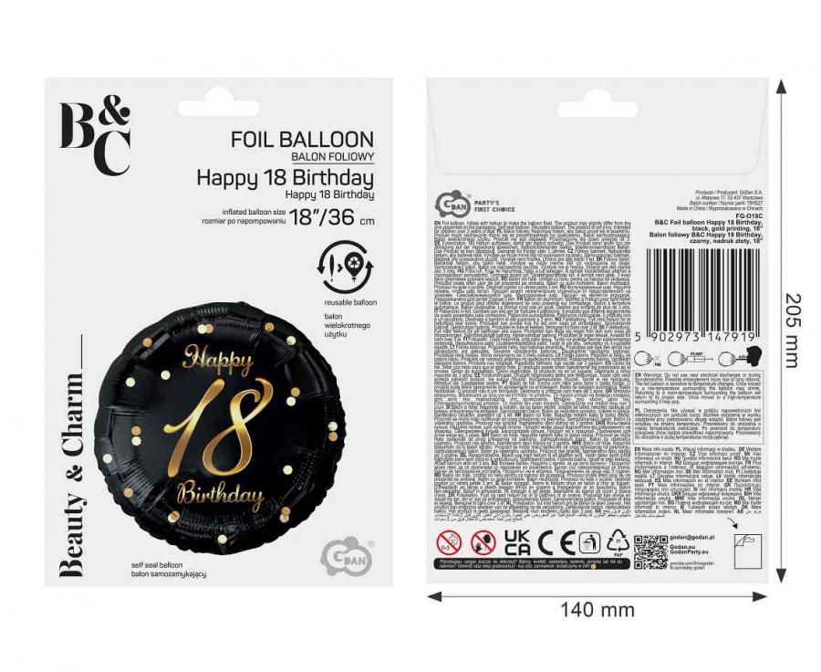 Folieballon Happy 18 Birthday Zwart Goud 46 cm