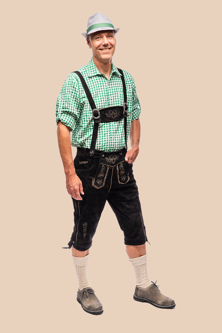 Lederhosen Michiel van koeienleer in zwart, Oktoberfest herenkleding
