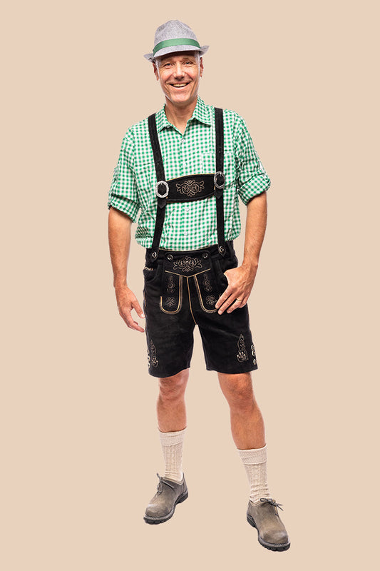 Lederhosen Rob van koeienleer in zwart, Oktoberfest herenkleding