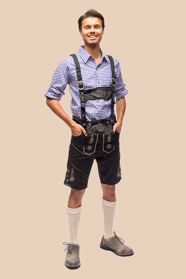 Lederhosen Justin in zwart, Oktoberfest herenkleding