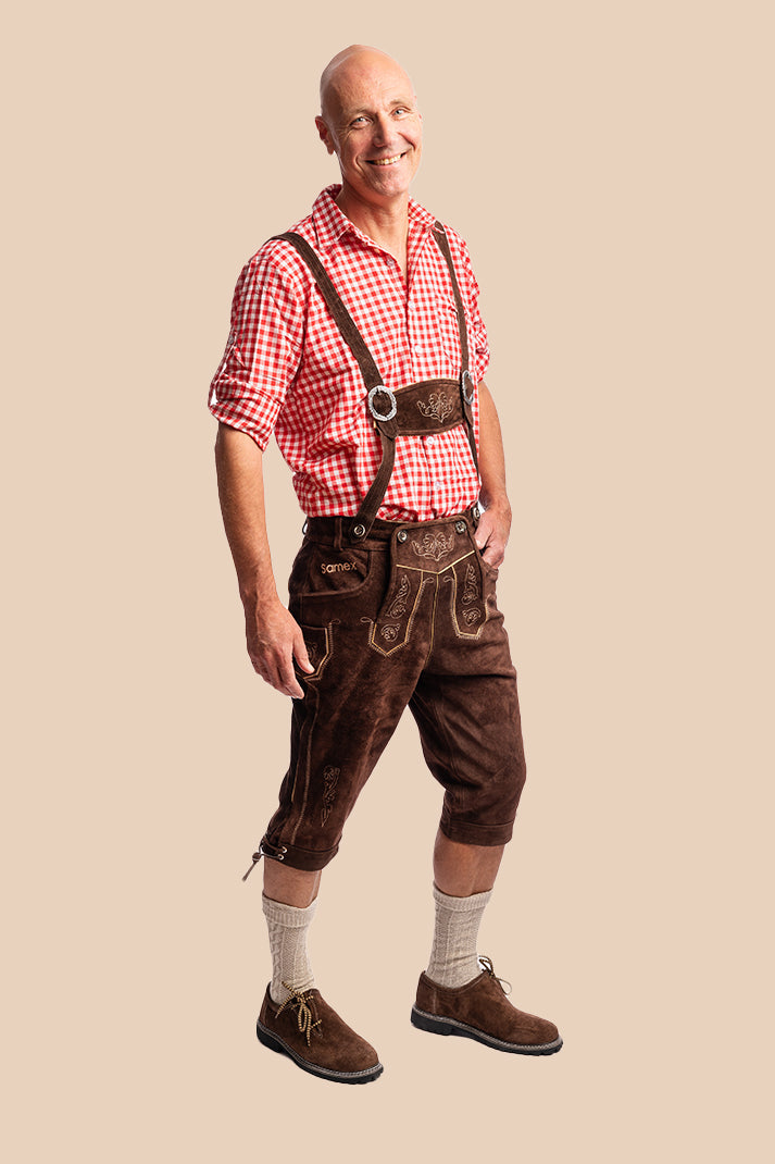 Lederhosen Michiel van koeienleer in middelbruin, Oktoberfest herenkleding