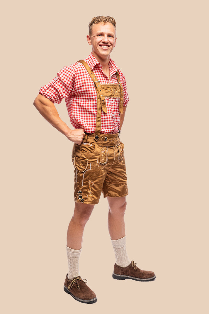 Oktoberfest kostuum Otto, bruine lederhose met rood geruit overhemd