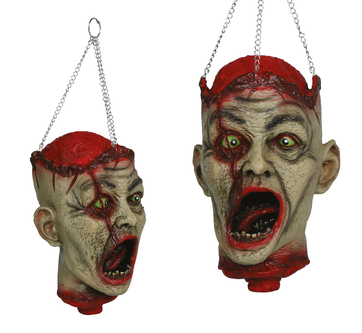 Hangend zombiehoofd met kettingen 27 cm