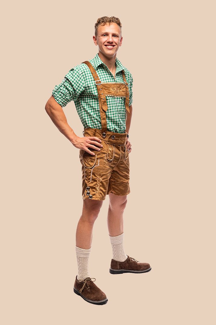 Oktoberfest kostuum Otto, bruine lederhose met groen geruit overhemd