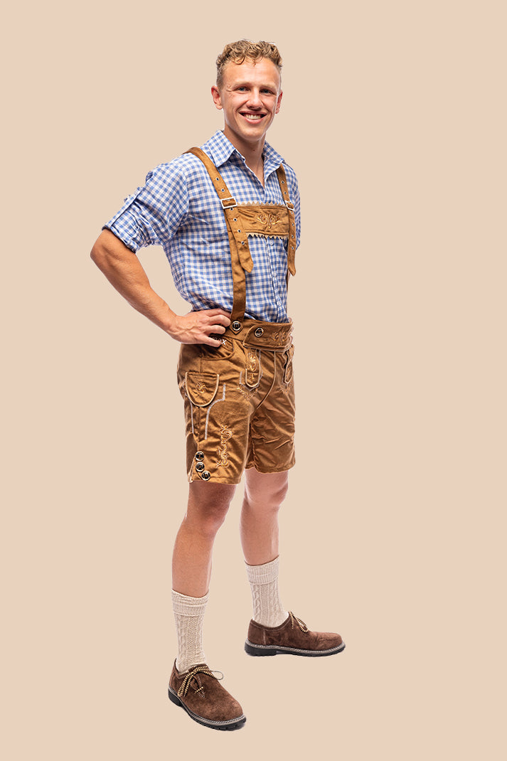 Oktoberfest kostuum Otto, bruine lederhose met blauw geruit overhemd