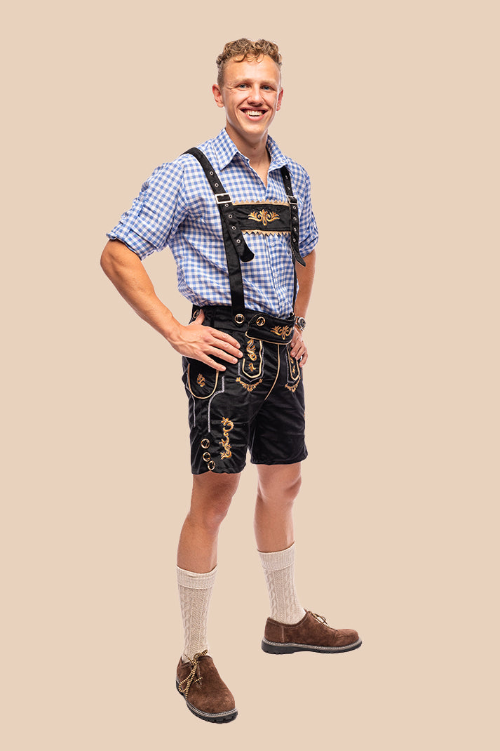 Oktoberfest kostuum Otto, zwarte lederhose met blauw geruit overhemd