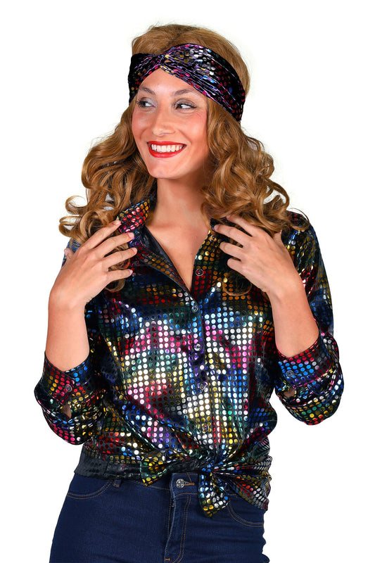 Disco blouse dames zwart regenboogglitter