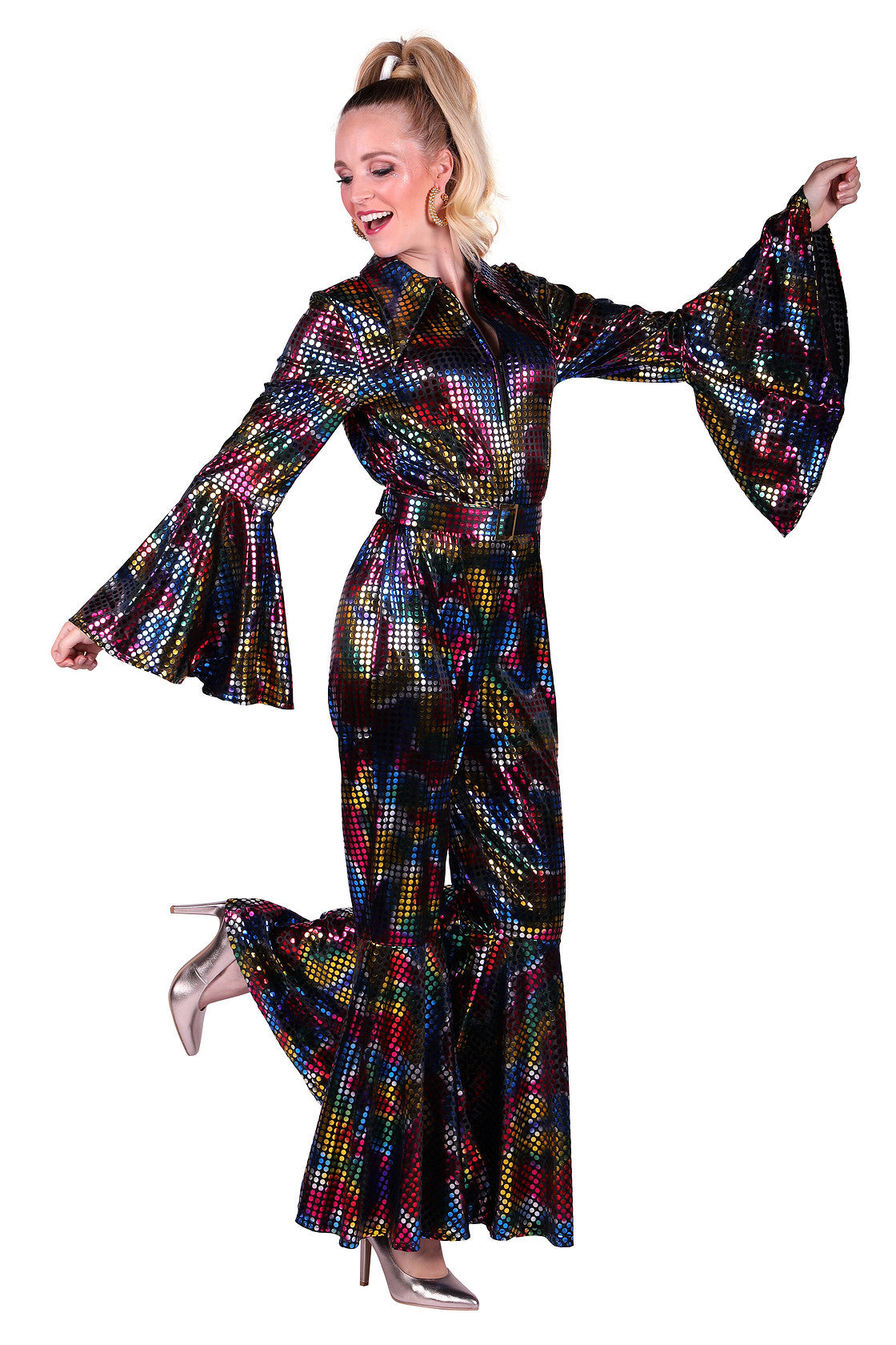 Disco catsuit zwart regenboogglitter