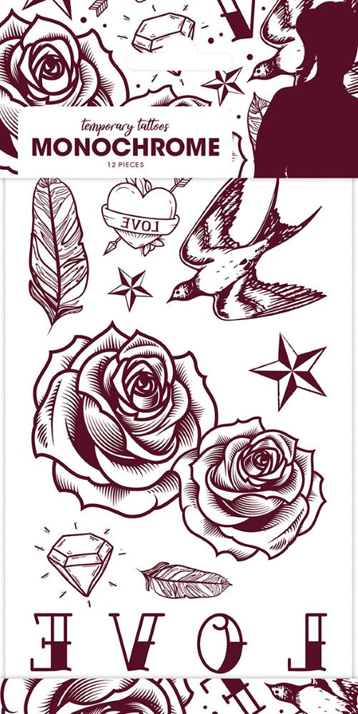 Plaktattoos monochroom rozen en love