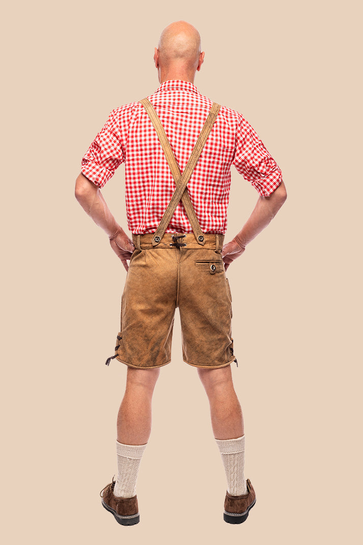 Lederhosen Luuk van wildleer, zijaanzicht met zak