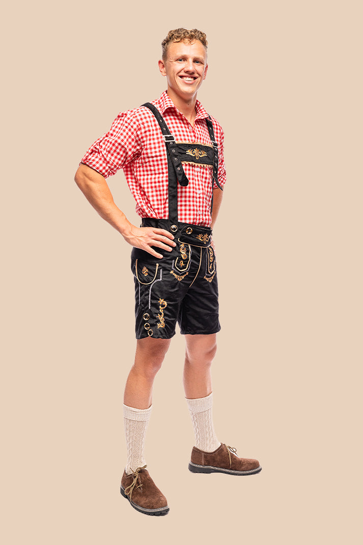 Oktoberfest kostuum Otto, zwarte lederhose met rood geruit overhemd