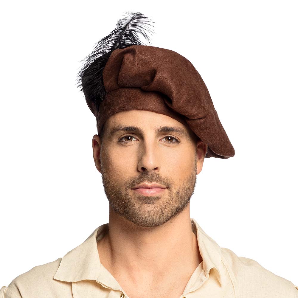 Baret middeleeuws bruin met veer