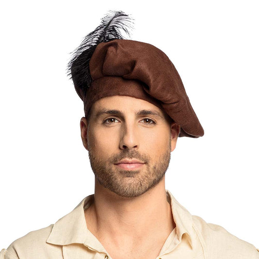 Baret middeleeuws bruin met veer
