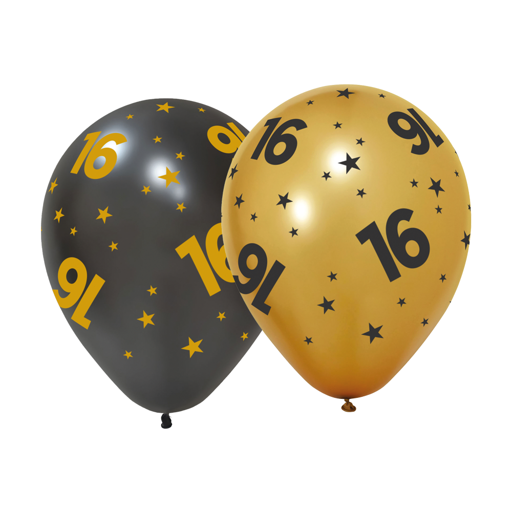 Goud en zwarte ballonnen 16 jaar met sterren, 6 stuks van 31 cm