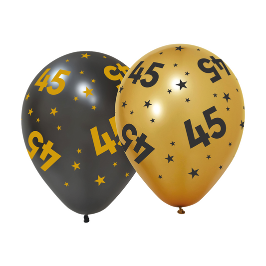 Goud en zwarte ballonnen 45 jaar met sterren, 6 stuks van 31 cm